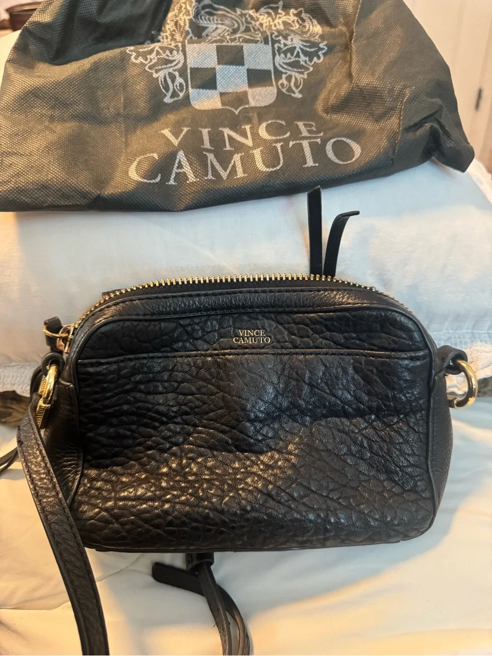 Vince Camuto Black Pebbled Leather Crossbody with Gold Hardware